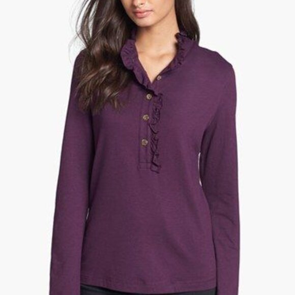 Tory Burch Lidia Long Sleeve Ruffle Polo Shirt Top in Plum Sz L - Picture 1 of 11